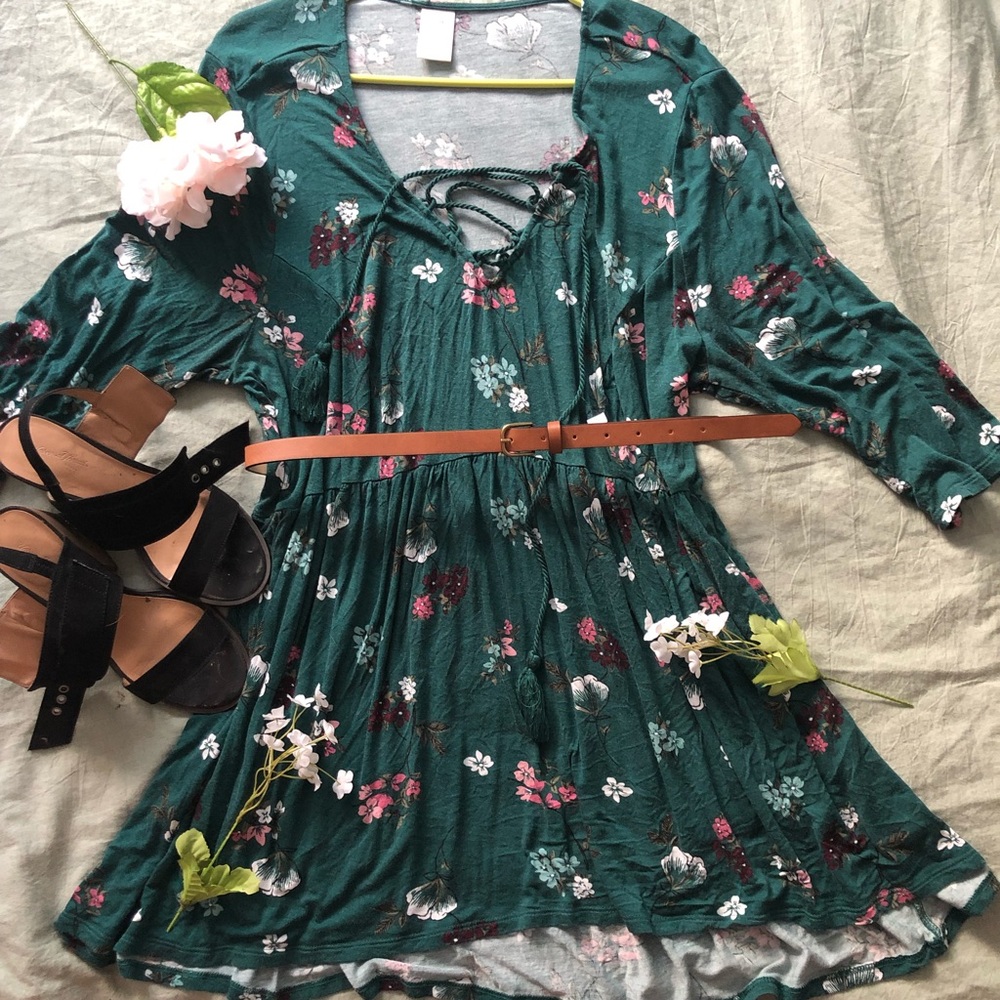 Green floral 3 quarter sleeve dress